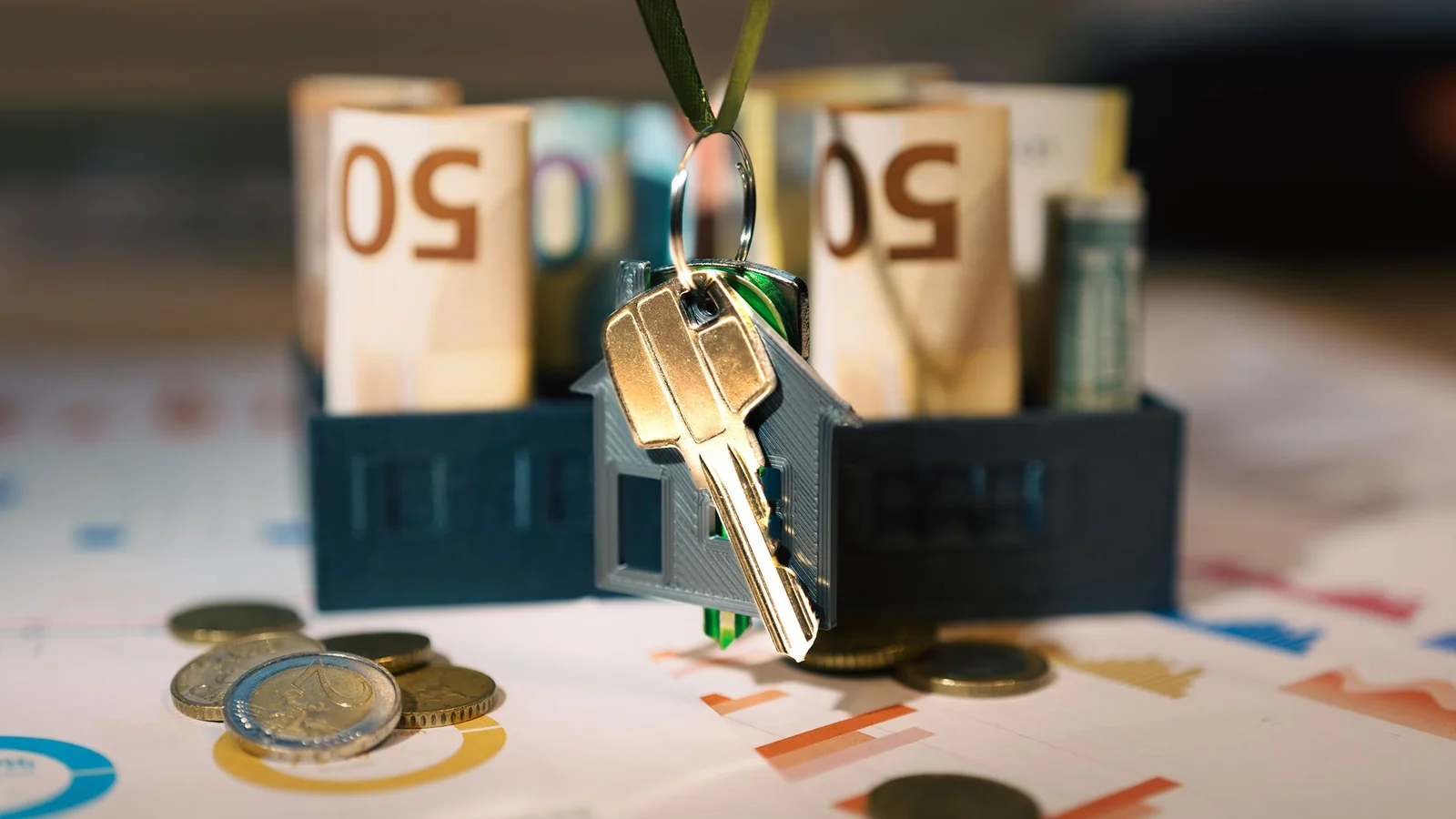 Modellhaus mit Schluessel und Euroscheinen als Symbol fuer die Anschlussfinanzierung